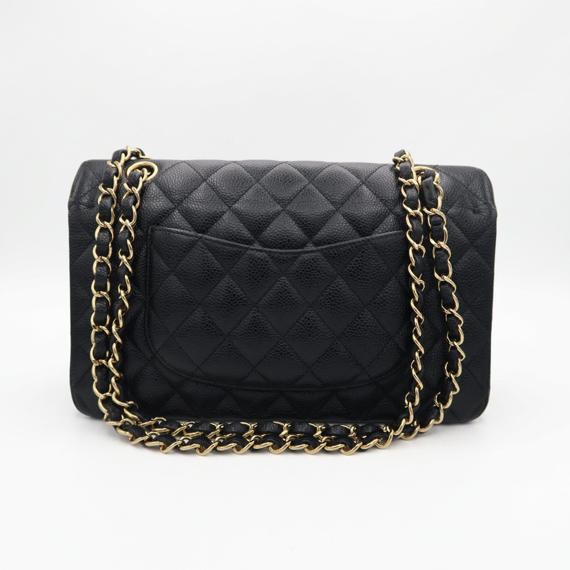 back view of Chanel Classic Flap in black caviar