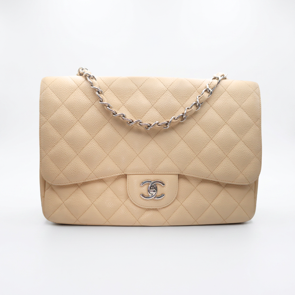 Chanel Classic Single Flap Jumbo in beige caviar leather and silver hardware