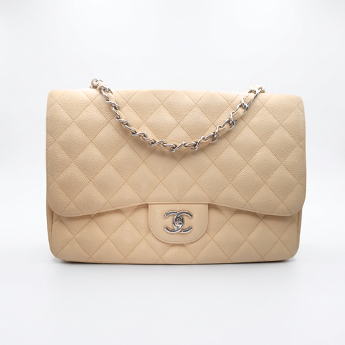 Chanel Classic Single Flap Jumbo in beige caviar leather and silver hardware