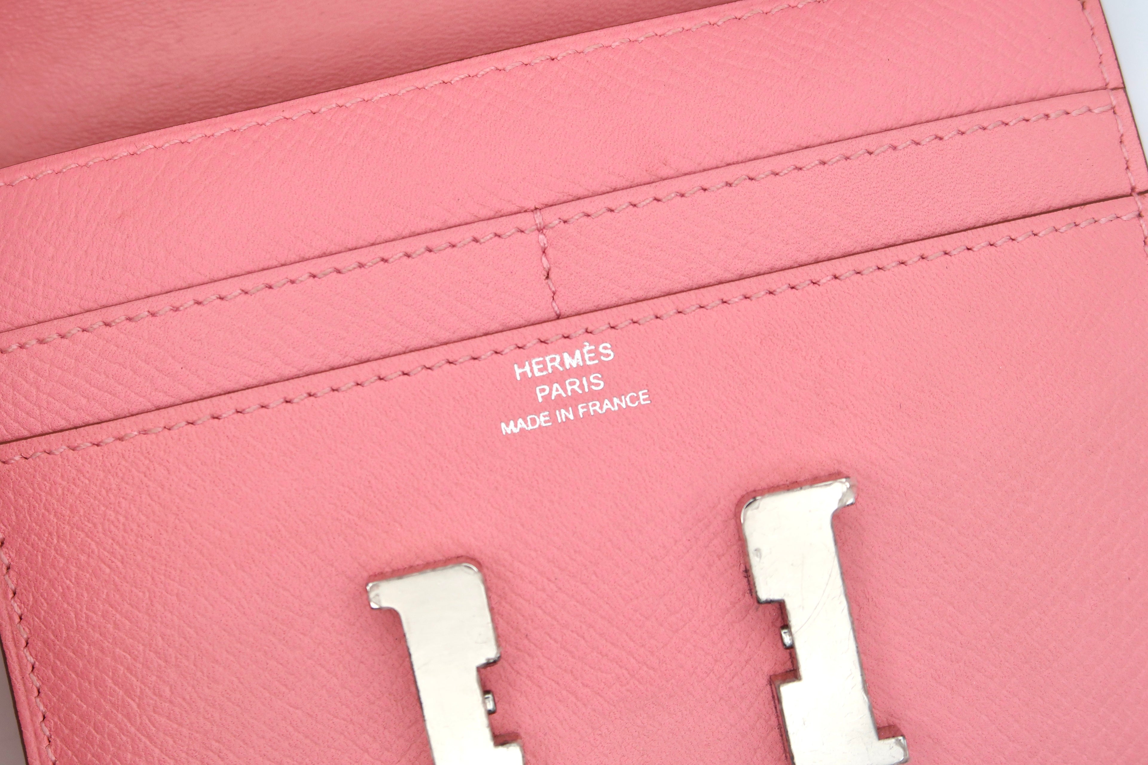 detailed view of Hermes Constance Compact Wallet Rose Confetti Epsom with Palladium Hardware