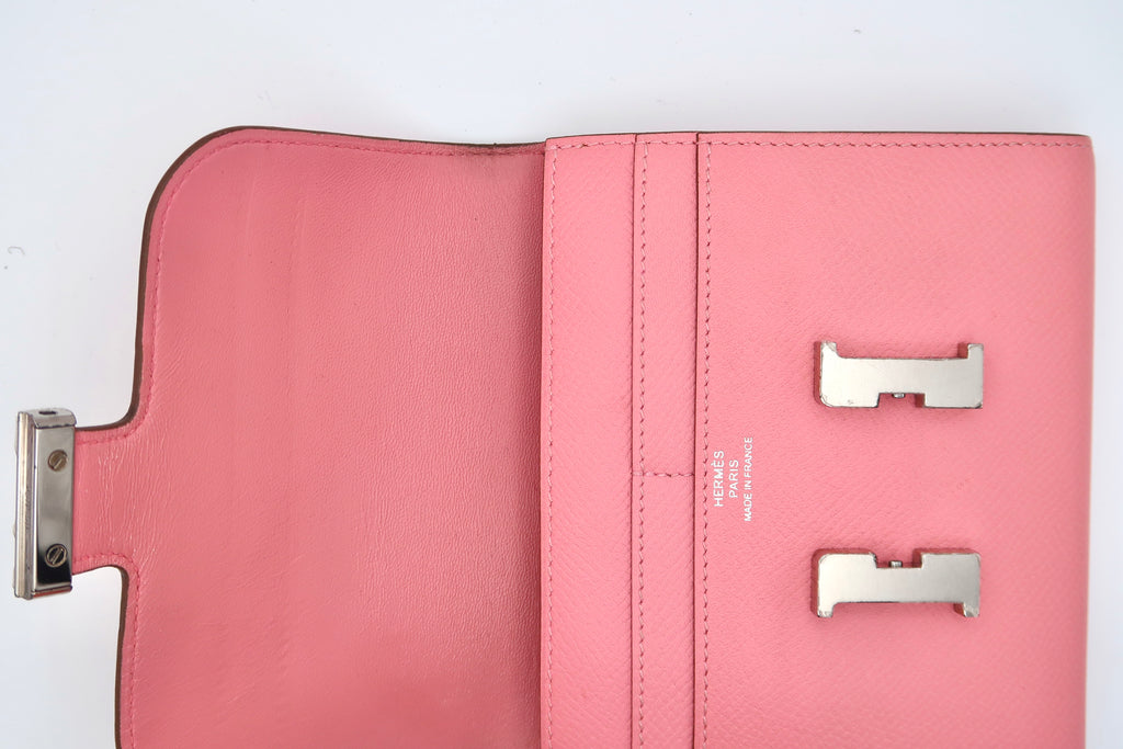 Opened Hermes Constance Compact Wallet Rose Confetti Epsom
