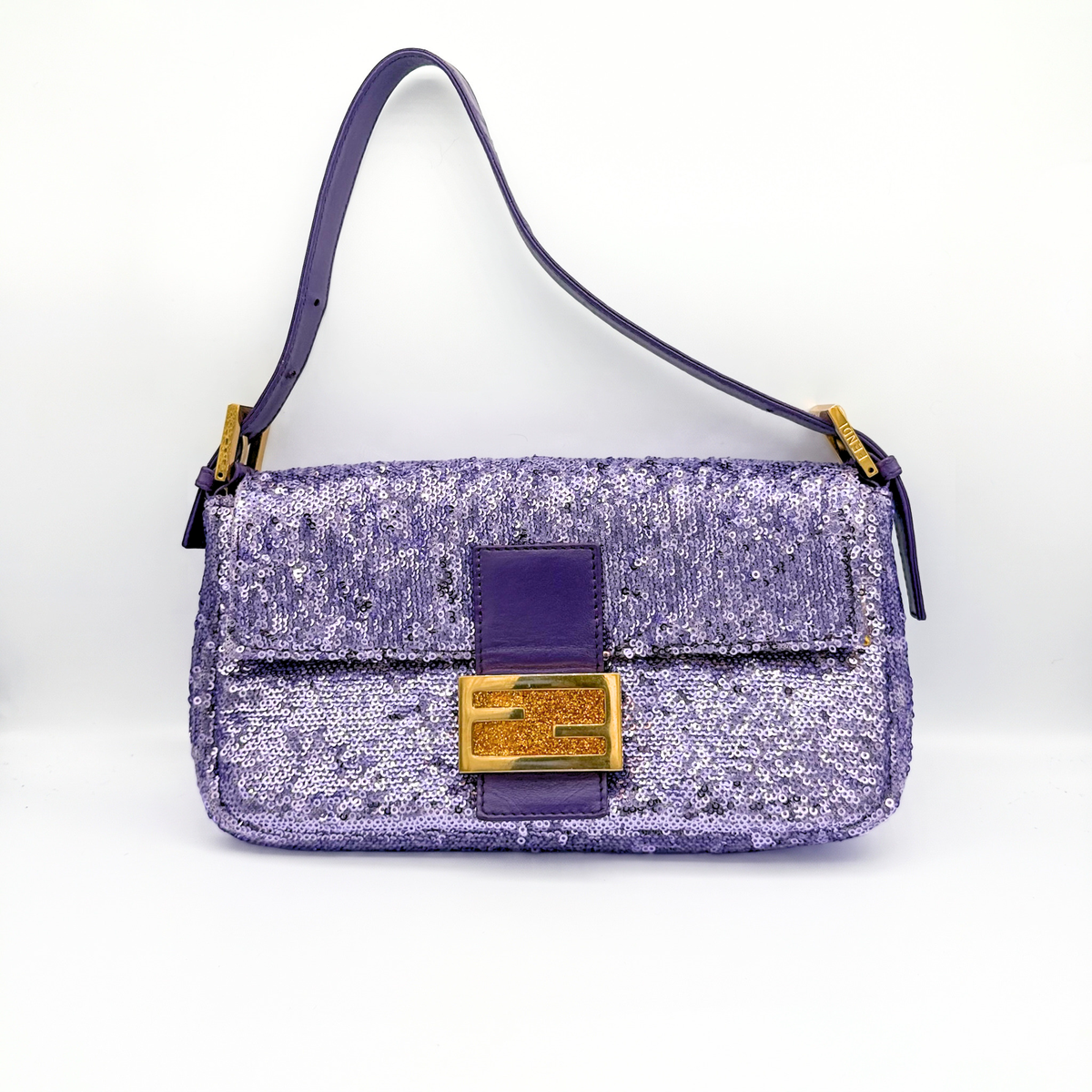 Vintage Fendi Baguette in lavender sequins with violet leather strap and gold glitter FF clasp, front view